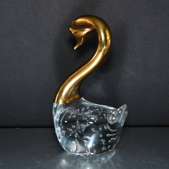 Vintage Brass And Bubble Glass Swan Figure Room Accent Paperweight MCM - Picture 5 of 5